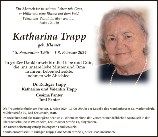 Traueranzeige von Katharina Trapp von Allgemeine Zeitung Bad Kreuznach