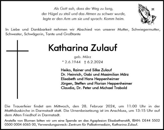 Traueranzeige von Katharina Zulauf von Darmstädter Echo