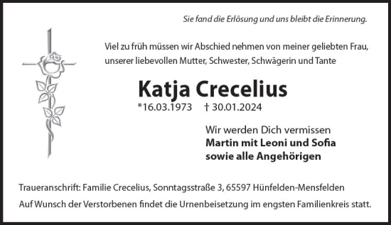 Traueranzeige von Katja Crecelius von Nassauische Neue Presse