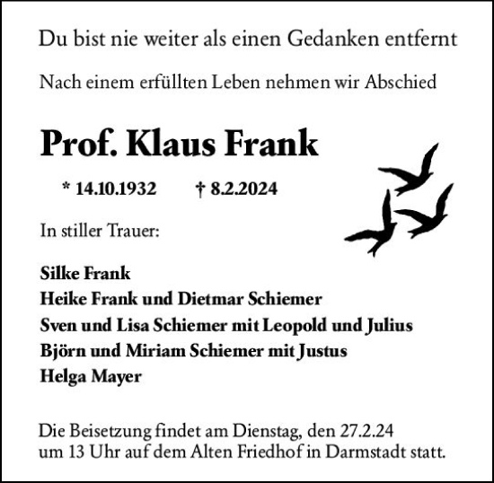 Traueranzeige von Klaus Frank von Darmstädter Echo