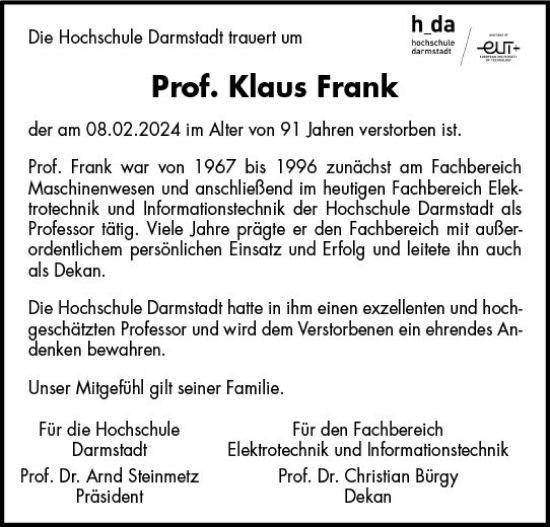 Traueranzeige von Klaus Frank von Darmstädter Echo