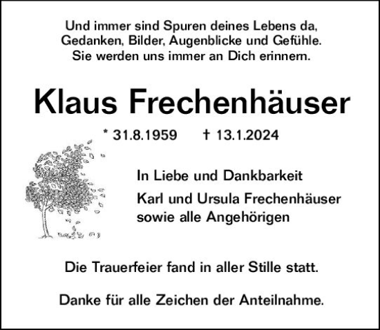 Traueranzeige von Klaus Frechenhäuser von Wetzlarer Neue Zeitung