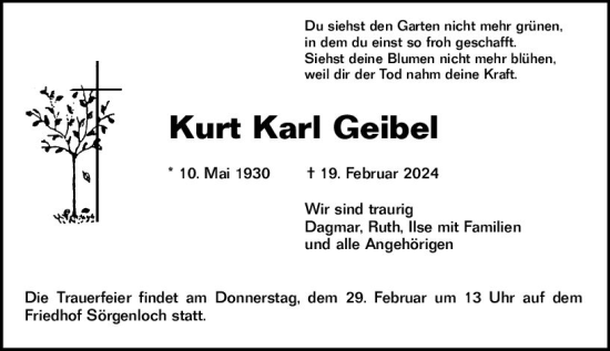 Traueranzeige von Kurt  Geibel von Allgemeine Zeitung Mainz