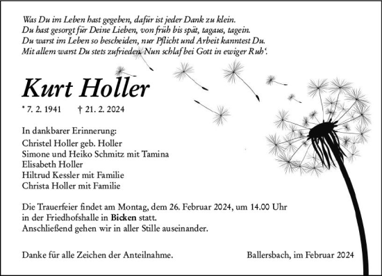 Traueranzeige von Kurt Holler von Dill Block