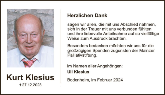 Traueranzeige von Kurt Klesius von Allgemeine Zeitung Mainz