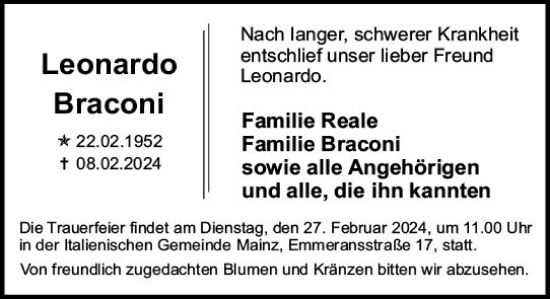 Traueranzeige von Leonardo Braconi von Allgemeine Zeitung Mainz