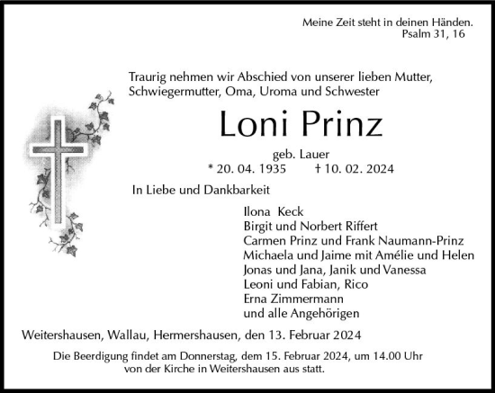 Traueranzeige von Loni Prinz von Hinterländer Anzeiger