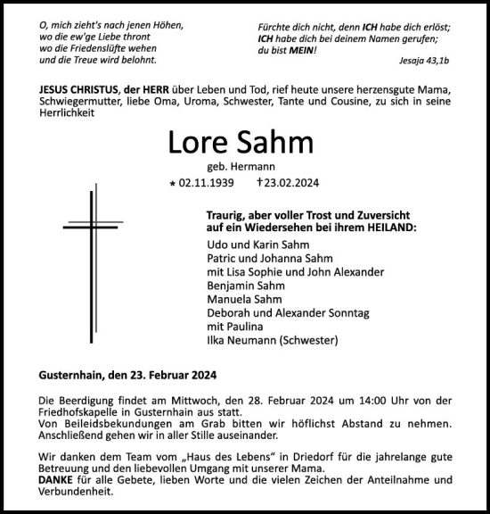Traueranzeige von Lore Sahm von Dill Block