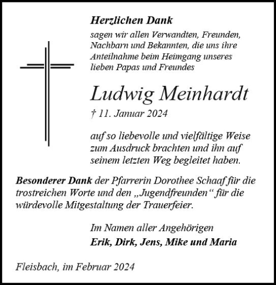Traueranzeige von Ludwig Meinhardt von Dill Block