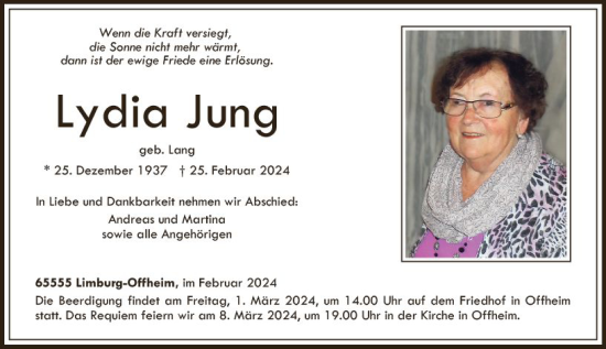 Traueranzeige von Lydia Jung von Nassauische Neue Presse
