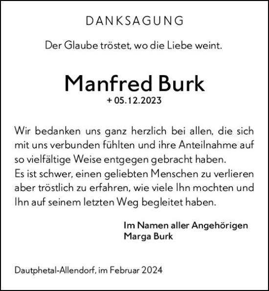 Traueranzeige von Manfred Burk von Hinterländer Anzeiger