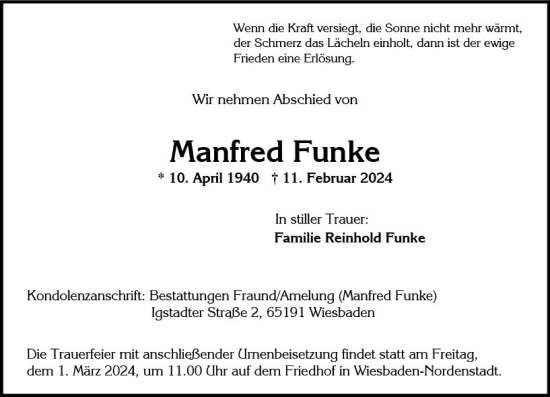 Traueranzeige von Manfred Funke von Wiesbadener Kurier