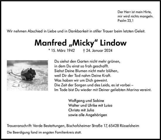 Traueranzeige von Manfred Lindow von Rüsselsheimer Echo