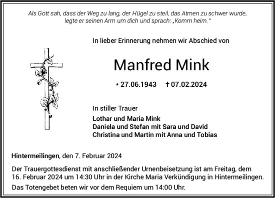 Traueranzeige von Manfred Mink von Nassauische Neue Presse