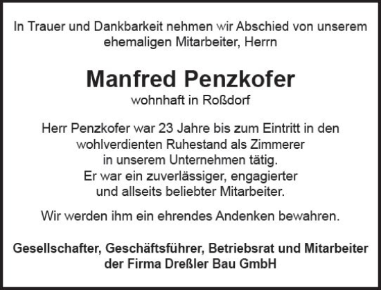 Traueranzeige von Manfred Penzkofer von Darmstädter Echo