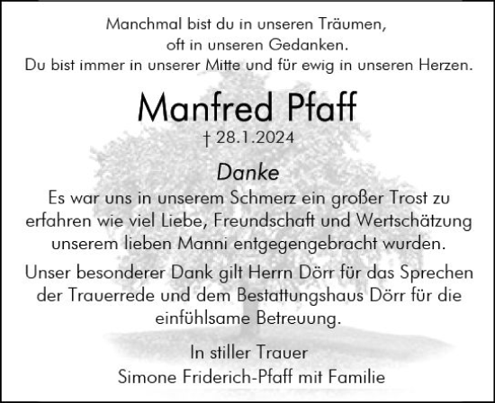 Traueranzeige von Manfred Pfaff von Wetzlarer Neue Zeitung