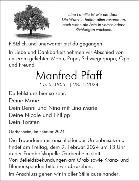 Traueranzeige von Manfred Pfaff von Wetzlarer Neue Zeitung