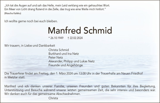 Traueranzeige von Manfred Schmid von Wetzlarer Neue Zeitung