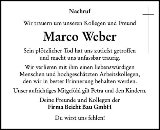 Traueranzeige von Marco Weber von Allgemeine Zeitung Alzey