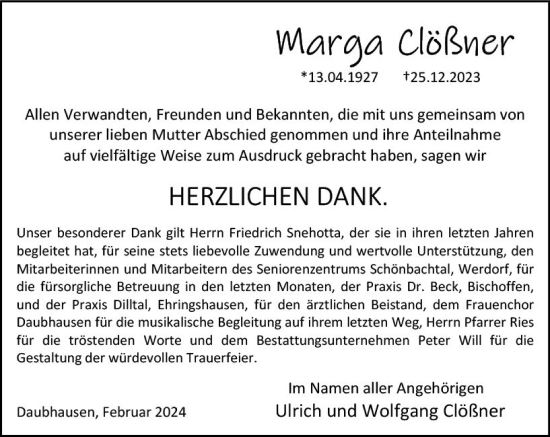 Traueranzeige von Marga Clößner von Wetzlarer Neue Zeitung