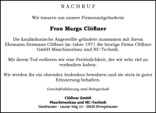 Traueranzeige von Marga Clößner von Wetzlarer Neue Zeitung