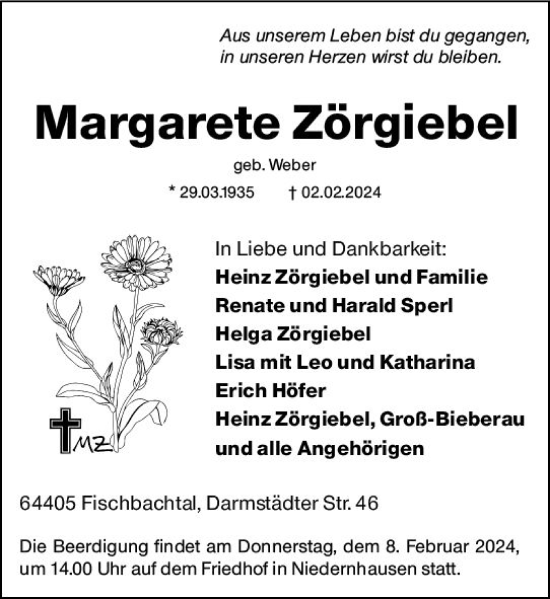 Traueranzeige von Margarete Zörgiebel von Odenwälder Echo