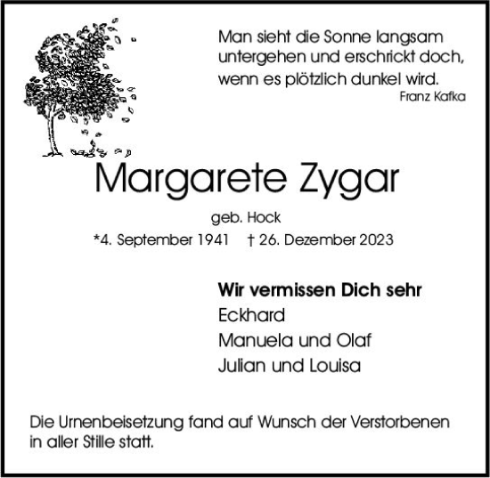 Traueranzeige von Margarete Zygar von Rüsselsheimer Echo
