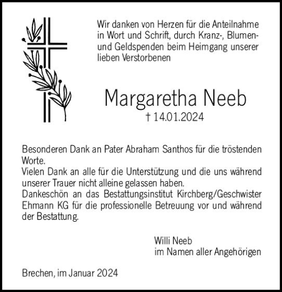 Traueranzeige von Margaretha Neeb von Nassauische Neue Presse