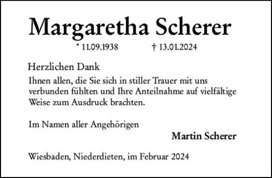 Traueranzeige von Margaretha Scherer von Hinterländer Anzeiger