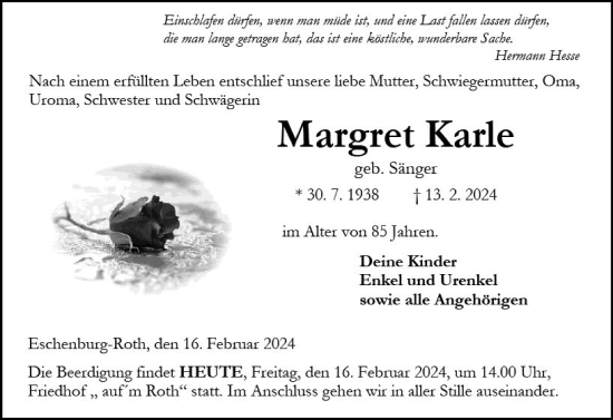 Traueranzeige von Margret Karle von Dill Block