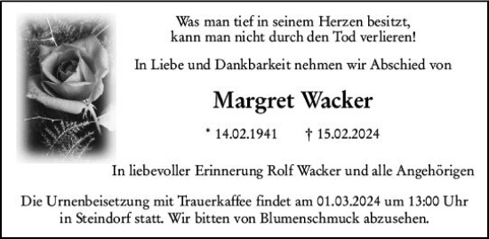 Traueranzeige von Margret Wacker von Wetzlarer Neue Zeitung