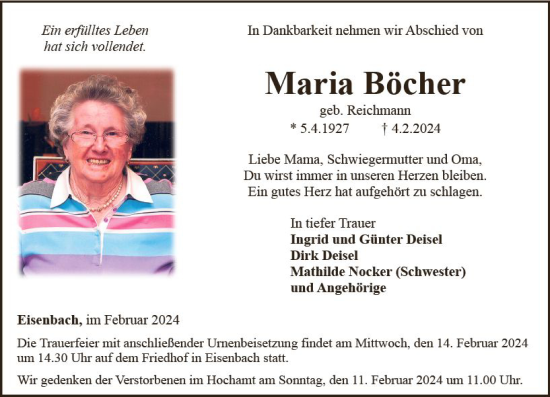 Traueranzeige von Maria Böcher von Camberger Anzeiger