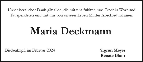 Traueranzeige von Maria Deckmann von Hinterländer Anzeiger