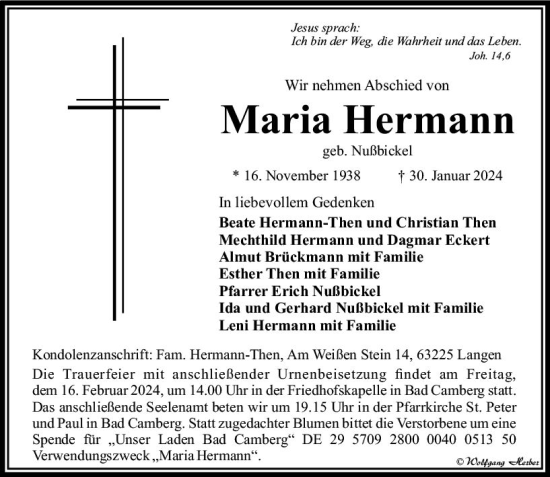 Traueranzeige von Maria Hermann von Camberger Anzeiger