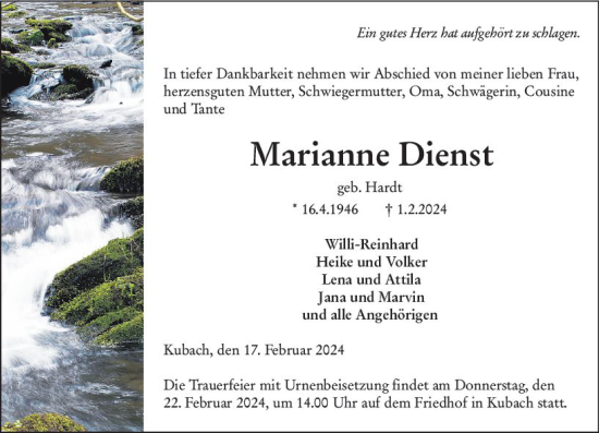 Traueranzeige von Marianne Dienst von Weilburger Tageblatt