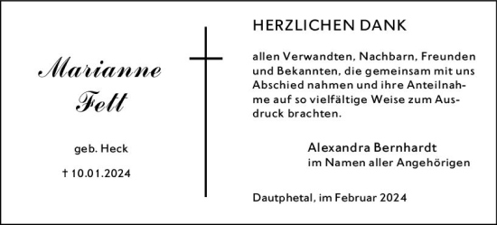 Traueranzeige von Marianne Fett von Hinterländer Anzeiger