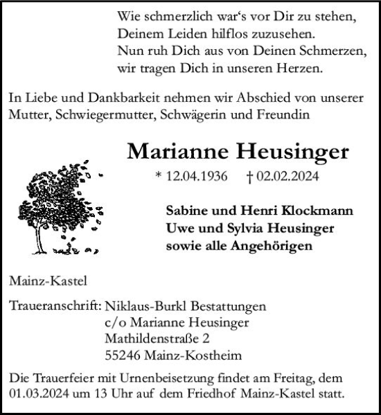 Traueranzeige von Marianne Heusinger von Allgemeine Zeitung Mainz