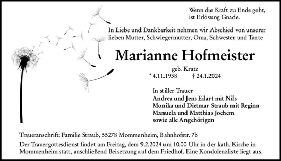 Traueranzeige von Marianne Hofmeister von Allgemeine Zeitung Mainz