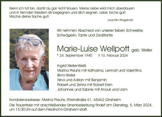 Traueranzeige von Marie-Luise Wellpott von Allgemeine Zeitung Mainz