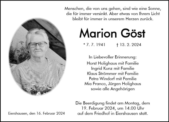 Traueranzeige von Marion Göst von Dill Block