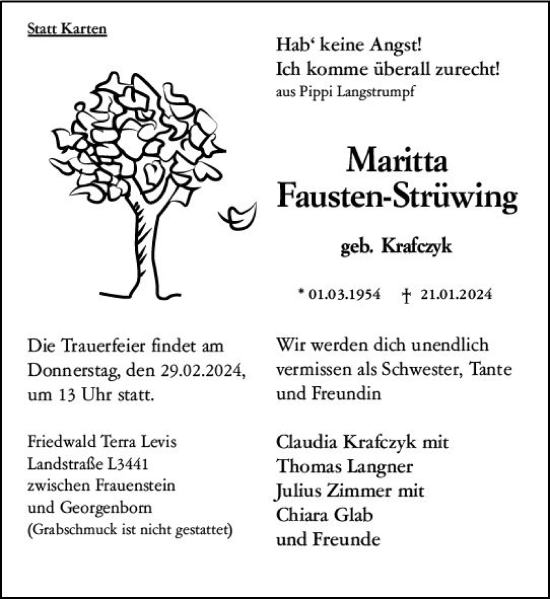 Traueranzeige von Maritta Fausten-Strüwing von Wiesbadener Kurier