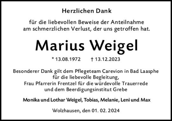 Traueranzeige von Marius Weigel von Hinterländer Anzeiger