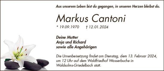 Traueranzeige von Markus Cantoni von Wetzlarer Neue Zeitung
