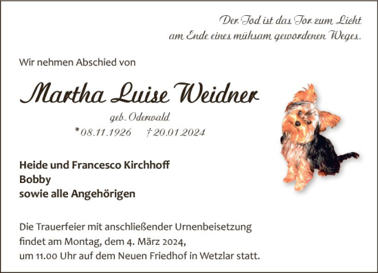 Traueranzeige von Martha Luise Weidner von Wetzlarer Neue Zeitung