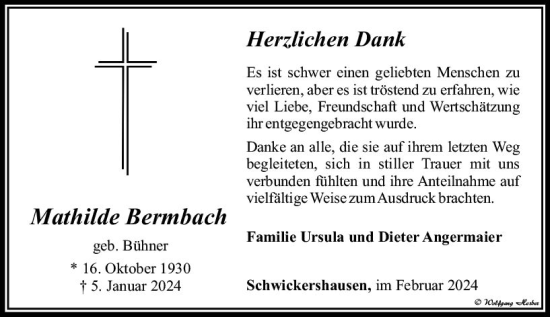 Traueranzeige von Mathilde Bermbach von Camberger Anzeiger