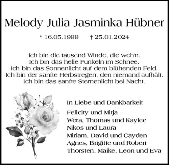 Traueranzeige von Melody Julia Jasminka Hübner von Groß-Gerauer Echo