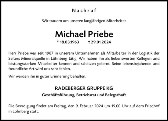 Traueranzeige von Michael Priebe von Weilburger Tageblatt