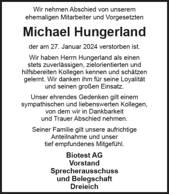 Traueranzeige von Michael Hungerland von Darmstädter Echo