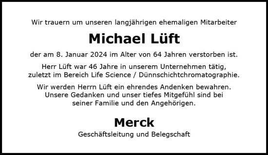 Traueranzeige von Michael Lüft von Darmstädter Echo