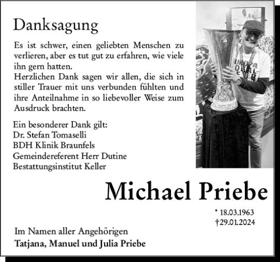 Traueranzeige von Michael Priebe von Weilburger Tageblatt